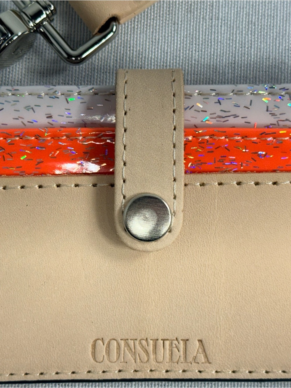 NEW Consuela Beige Wallet with White Glitter and Orange Trim